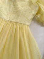 Sweet Yellow A-Line Square Neck Puff Sleeve Lace Tulle Long Classy Prom Dress