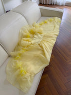 Sweet Yellow A-Line Square Neck Puff Sleeve Lace Tulle Long Classy Prom Dress