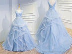 Sweetheart Baby Blue Organza V Neck Ruffles Appliques Prom Dresses