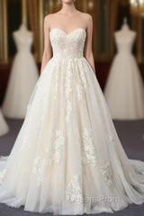 Sweetheart Backless Long Wedding Dress Tulle With Lace Appliques