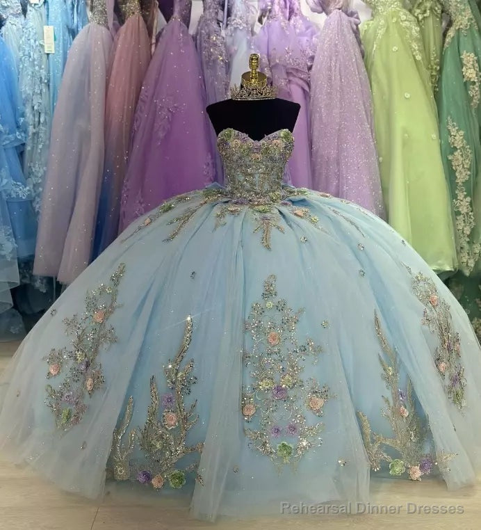 Sweetheart Ball Gown Tulle Blue Strapless Quinceanera Dress Main image