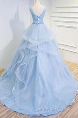 Sweetheart Blue Organza Ballgown V Neck Ruffles Appliques Evening Prom Dress