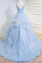 Sweetheart Blue Organza Ballgown V Neck Ruffles Appliques Evening Prom Dress Beautiful