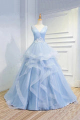 Sweetheart Blue Organza Ballgown V Neck Ruffles Appliques Evening Prom Dress Beautiful