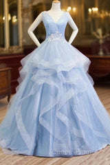Sweetheart Blue Organza Ballgown V Neck Ruffles Appliques Evening Prom Dress