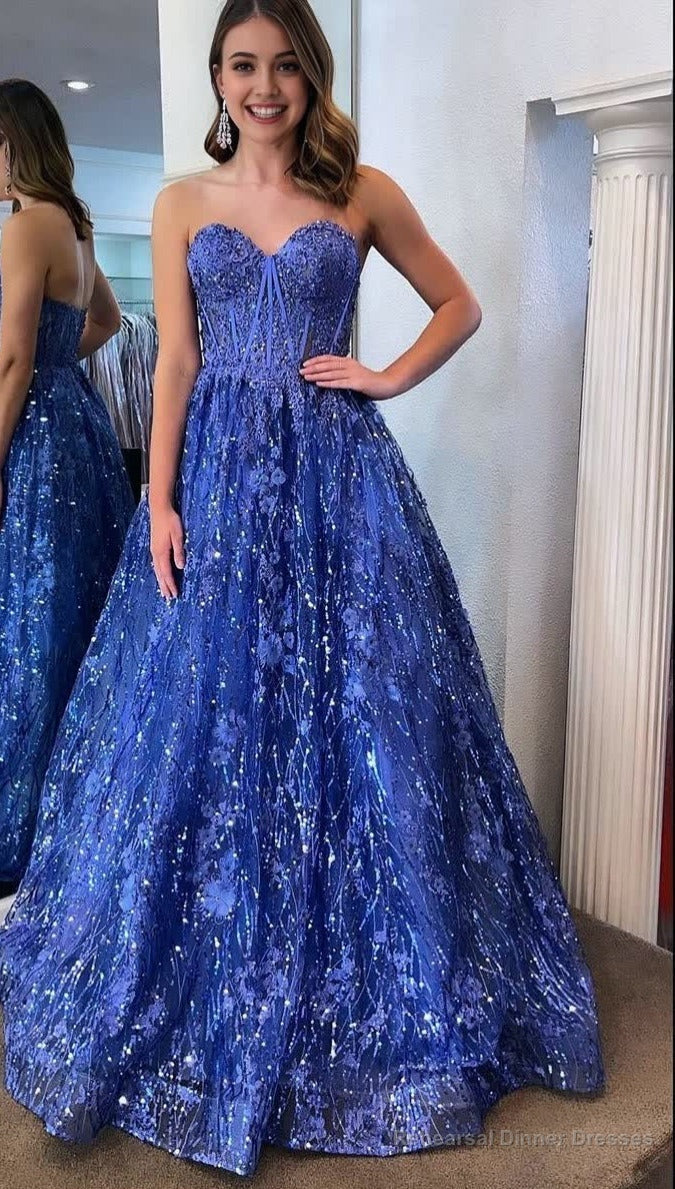 Sweetheart Blue Sequin Lace Corest Long Dresses Main image