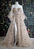 Sweetheart Champagne Tulle Bubble Sleeves Long A Line Classy Prom Dress Beaded Classy Evening Dress