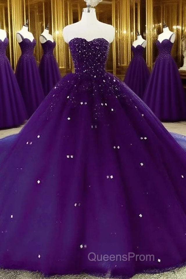 Sweetheart Crystals Evening Prom Dress Ball Gown Beaded Purple Quinceanera Dress Main image