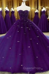Sweetheart Crystals Evening Prom Dress Ball Gown Beaded Purple Quinceanera Dress