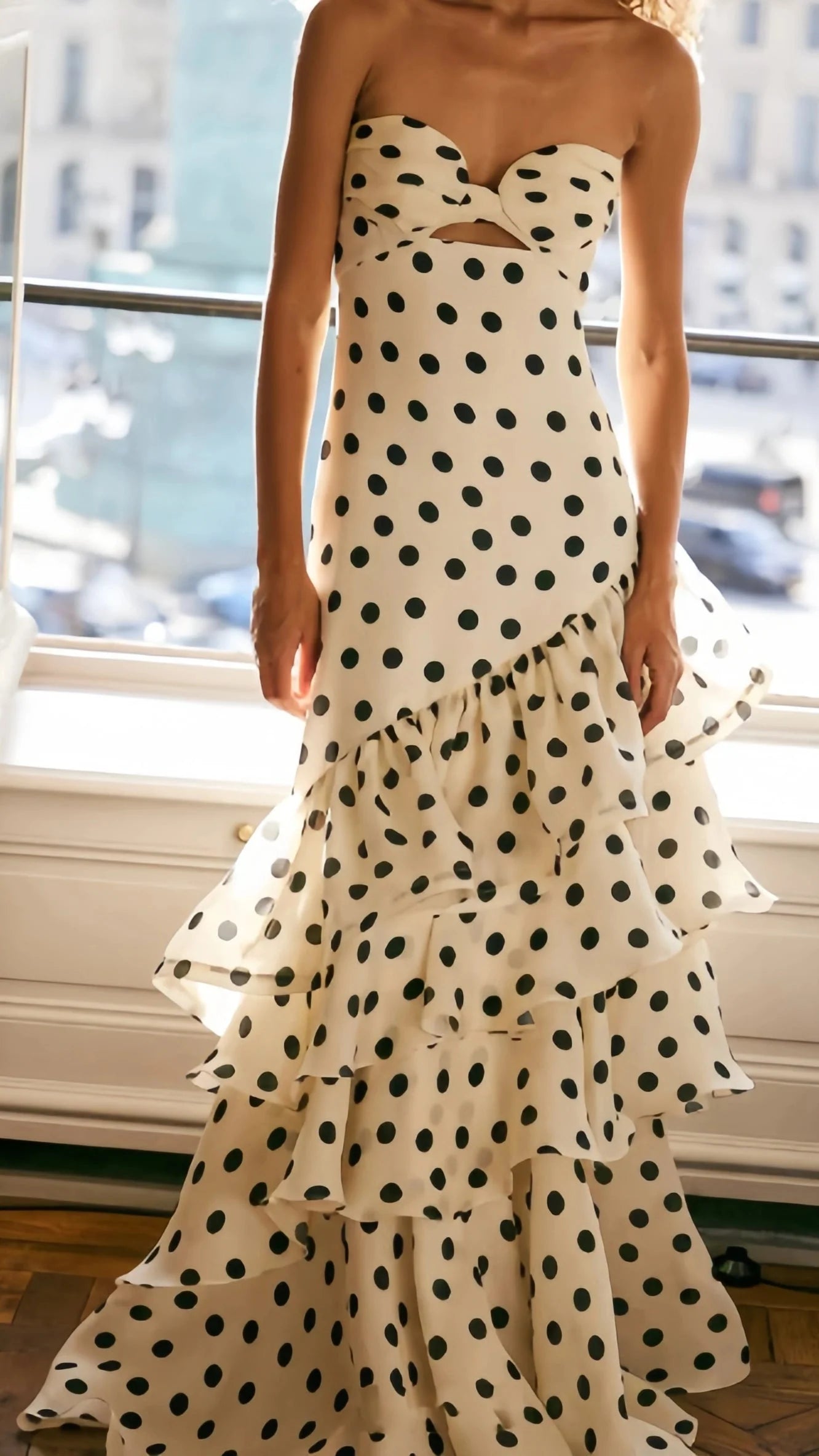 Sweetheart Dots Ruffle Chiffon Classy Prom Dress,
