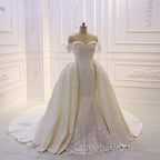 Sweetheart Lace Appliques Off the Shoulder Detachable Train Wedding Dress