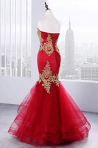 Sweetheart Mermaid Red Classy Prom Dress Gold Appliqued Long Prom Dress