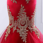 Sweetheart Mermaid Red Classy Prom Dress Gold Appliqued Long Prom Dress
