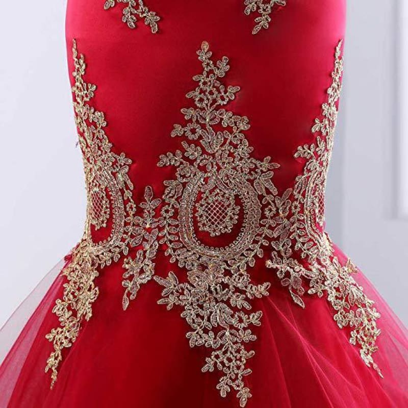 Sweetheart Mermaid Red Classy Prom Dress Gold Appliqued Long Prom Dress