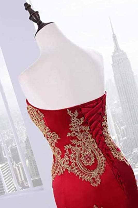 Sweetheart Mermaid Red Classy Prom Dress Gold Appliqued Long Prom Dress