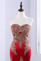 Sweetheart Mermaid Red Classy Prom Dress Gold Appliqued Long Prom Dress