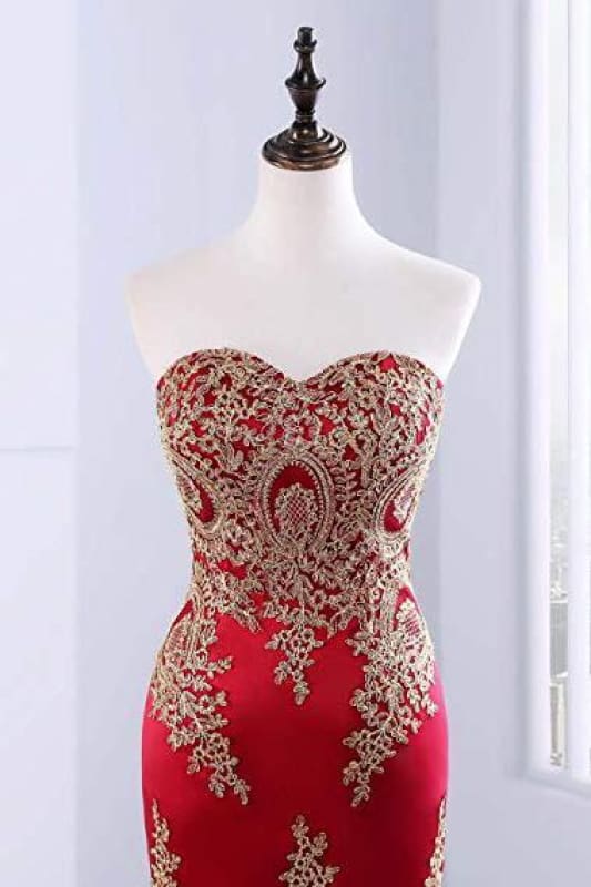 Sweetheart Mermaid Red Classy Prom Dress Gold Appliqued Long Prom Dress