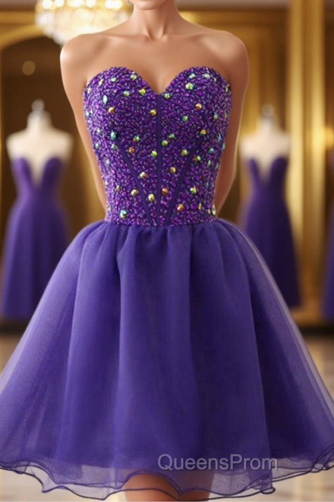 Sweetheart Neck Beaded Dark Purple Short Evening Prom Dress, Strapless Dark Purple Homecoming Dress, Dark Purple Beaded Formal Evening Dress Main image