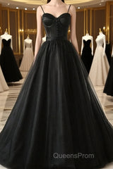 Sweetheart Neck Black Tulle Long Evening Prom Dress, Thin Straps Black Formal Evening Dress, Black Ball Gown