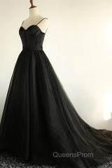 Sweetheart Neck Black Tulle Long Evening Prom Dress, Thin Straps Black Formal Evening Dress, Black Ball Gown