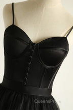 Sweetheart Neck Black Tulle Long Evening Prom Dress, Thin Straps Black Formal Evening Dress, Black Ball Gown