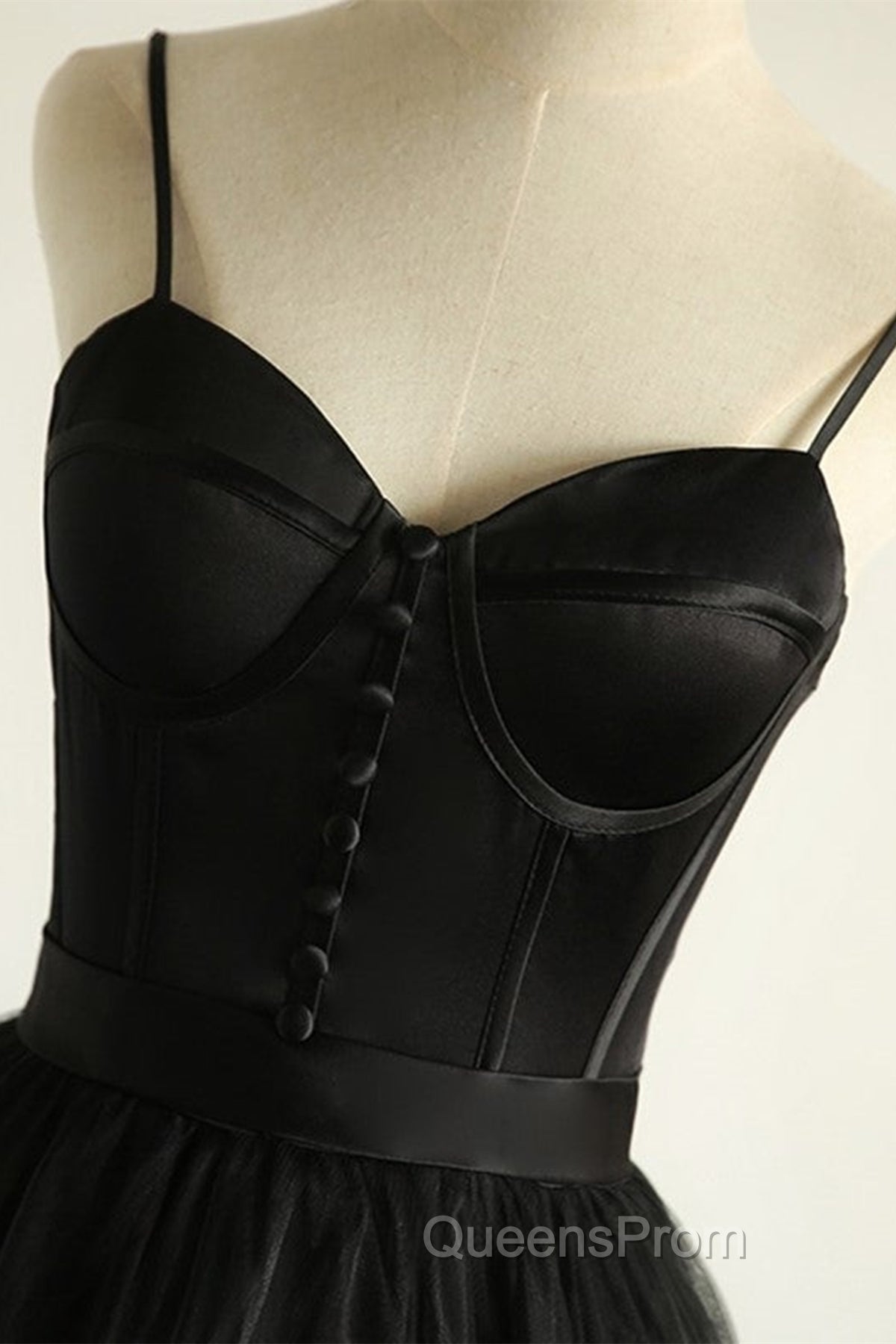 Sweetheart Neck Black Tulle Long Evening Prom Dress, Thin Straps Black Formal Evening Dress, Black Ball Gown