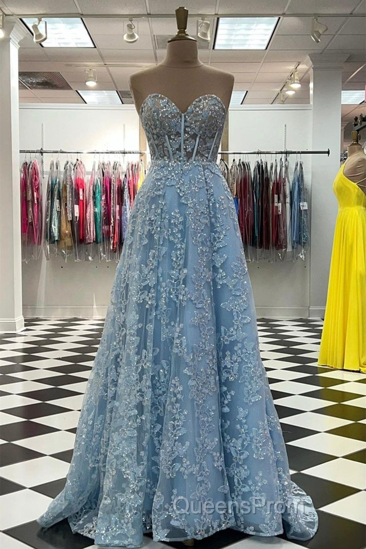 Sweetheart Neck Blue Lace Appliques Long Evening Prom Dress with Long Sleeves, Blue Lace Floral Formal Graduation Evening Dress Secondary image