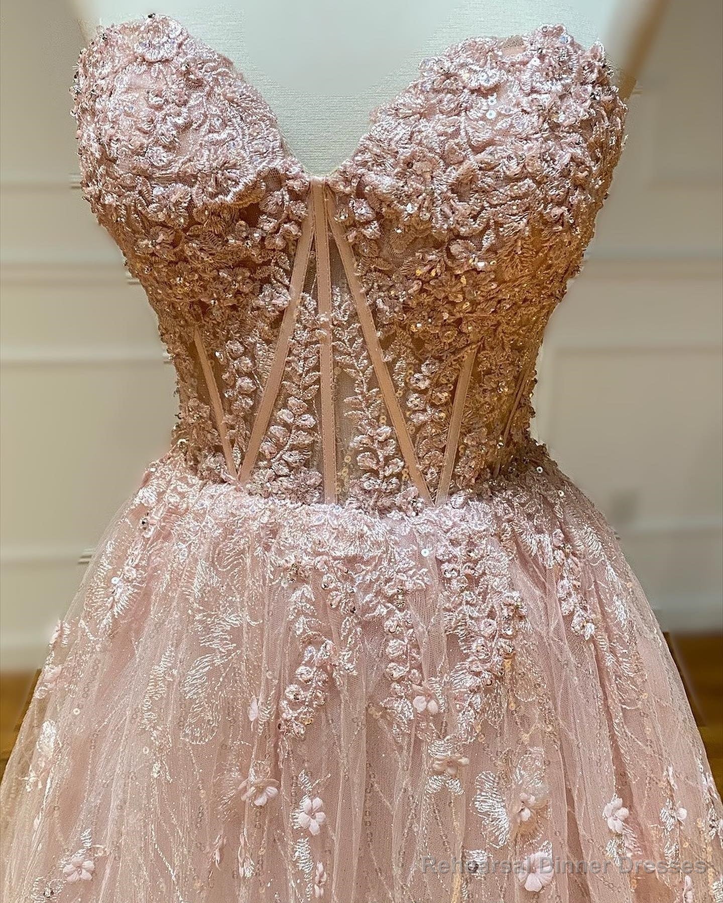 Sweetheart Neck Champagne Lace Prom Dresses, Champagne Lace Formal Evening Dresses Secondary image