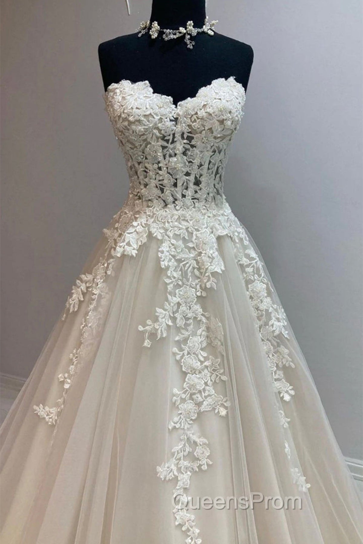 Sweetheart Neck Champagne Tulle Lace Long Evening Prom Dress, Strapless Champagne Formal Dress, Champagne Lace Evening Dress Secondary image