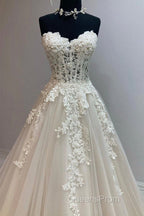 Sweetheart Neck Champagne Tulle Lace Long Evening Prom Dress, Strapless Champagne Formal Dress, Champagne Lace Evening Dress