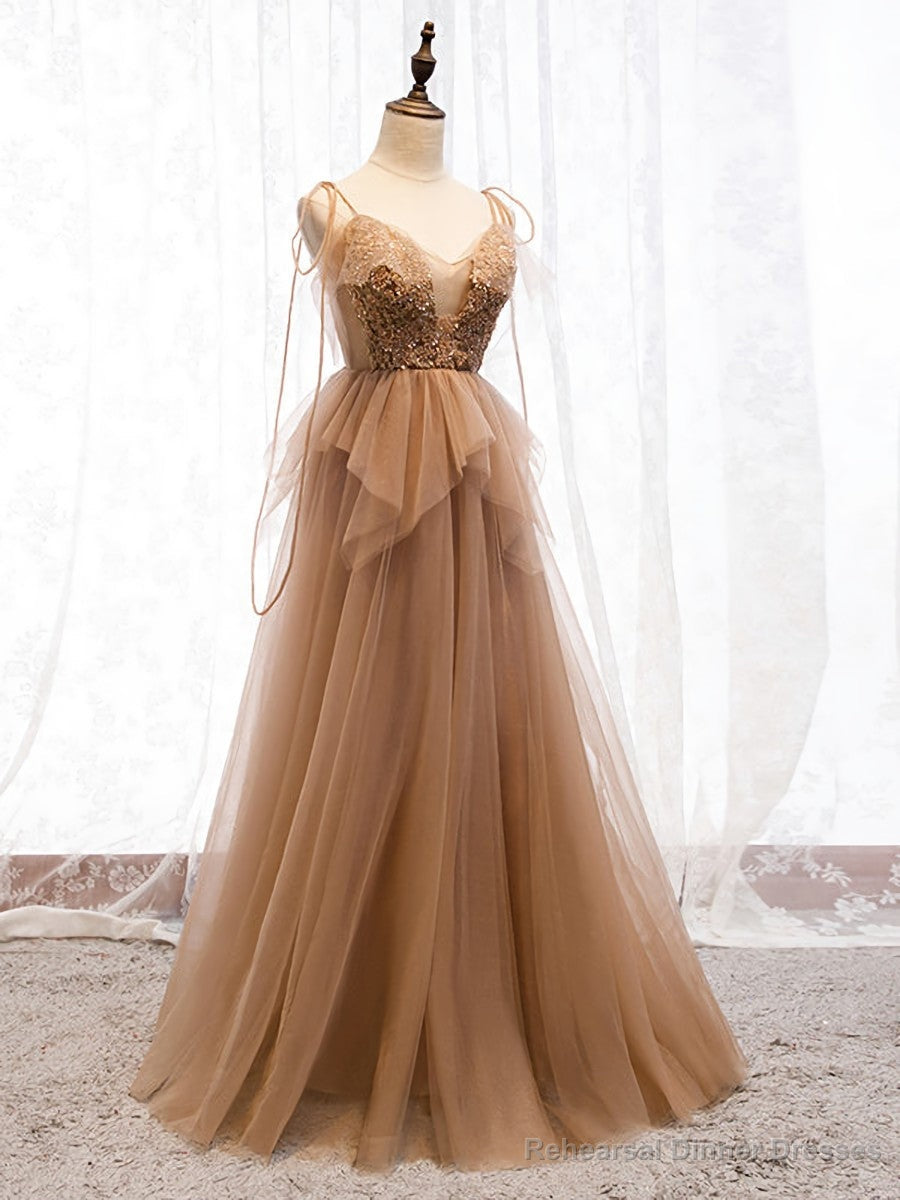 Sweetheart Neck Floor Length Champagne Lace Prom Dresses, Champagne Lace Formal Dresses Main image