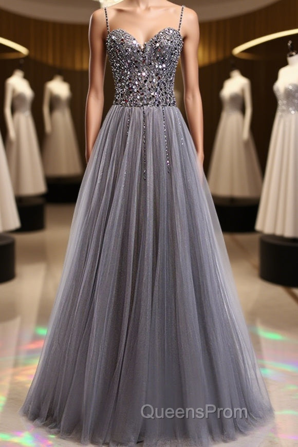 Sweetheart Neck Grey Sequins Tulle Long Evening Prom Dress, Grey Sequins Formal Evening Dress Main image