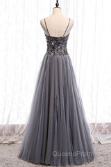Sweetheart Neck Grey Sequins Tulle Long Evening Prom Dress, Grey Sequins Formal Evening Dress