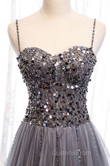 Sweetheart Neck Grey Sequins Tulle Long Evening Prom Dress, Grey Sequins Formal Evening Dress