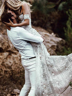 Sweetheart Neck Lace Beach Ivory Rustic Boho Wedding Dress