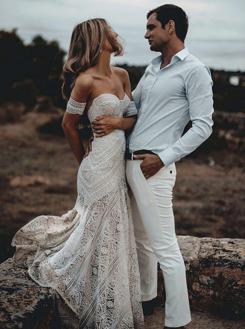 Sweetheart Neck Lace Beach Ivory Rustic Boho Wedding Dress