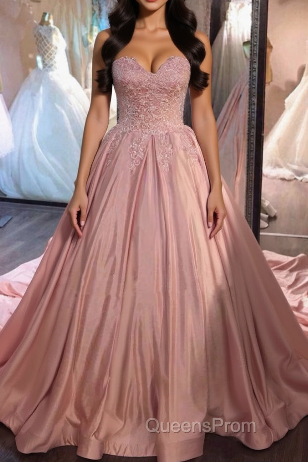 Sweetheart Neck Pink Lace Evening Prom Dress, Pink Lace Long Formal Evening Dress Main image