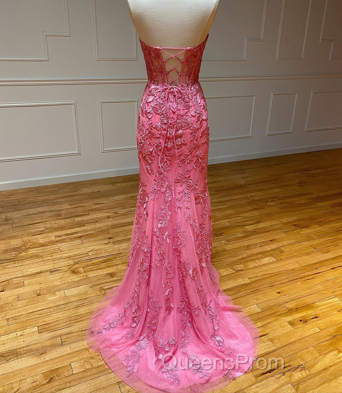 Sweetheart Neck Pink Mermaid Lace Evening Prom Dress, Pink Mermaid Lace Formal Graduation Dress Secondary image