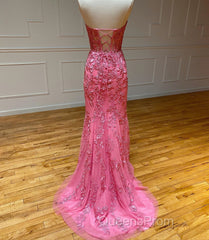 Sweetheart Neck Pink Mermaid Lace Evening Prom Dress, Pink Mermaid Lace Formal Graduation Dress