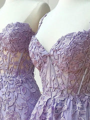 Sweetheart Neck Purple Lace Long Evening Prom Dress, Strapless Purple Formal Dress, Mermaid Purple Evening Dress