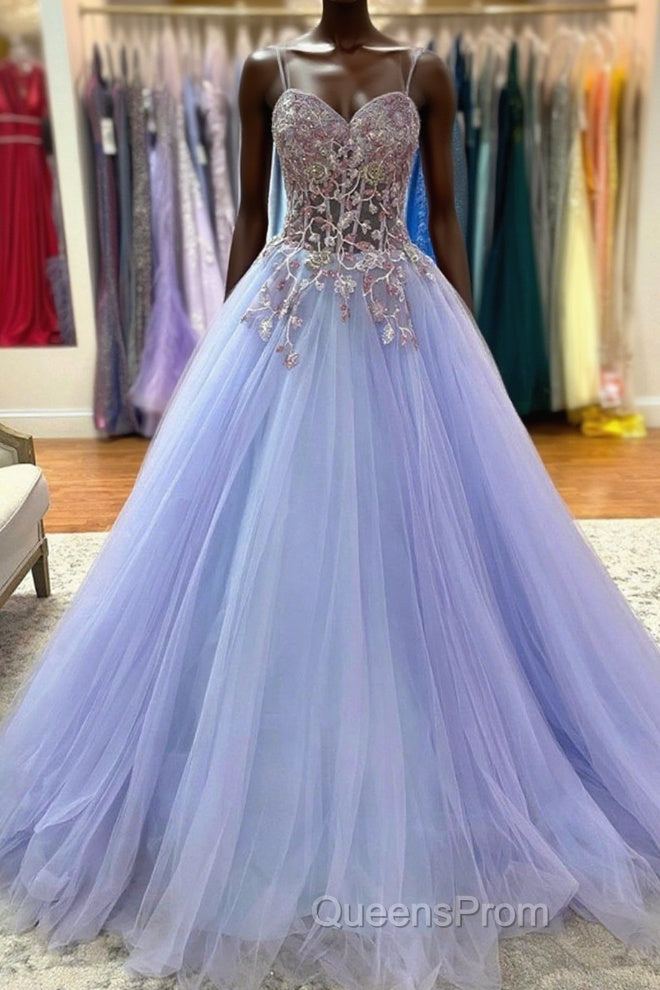 Sweetheart Neck Purple Tulle Long Evening Prom Dress with Lace Appliques, Purple Lace Formal Graduation Evening Dress Main image