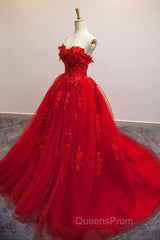 Sweetheart Neck Red Lace Floral Long Evening Prom Dress, Red Lace Formal Evening Dress, Red Ball Gown