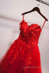 Sweetheart Neck Red Lace Floral Long Evening Prom Dress, Red Lace Formal Evening Dress, Red Ball Gown