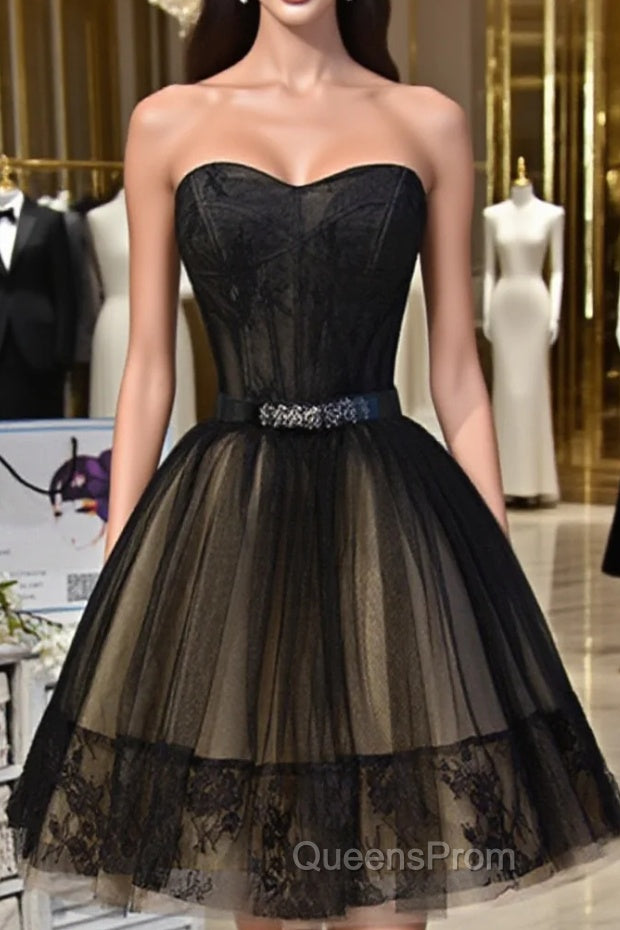 Sweetheart Neck Short Black Lace Evening Prom Dress, Short Black Lace Graduation Homecoming Dress Main image