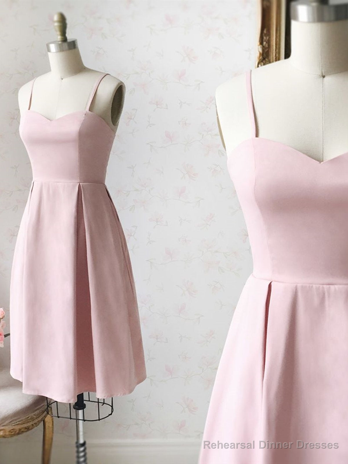 Sweetheart Neck Short Pink Satin Prom Dresses, Short Pink Formal Graduation Homecoming Dresses Main image