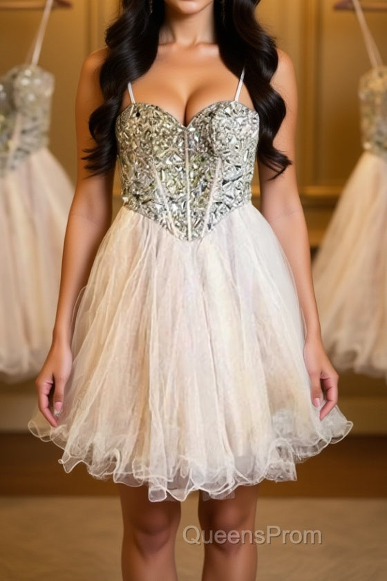 Sweetheart Neck Spaghetti Straps Tulle Champagne Homecoming Dress, Champagne Short Evening Prom Dress, Graduation Dress, Evening Dress Main image