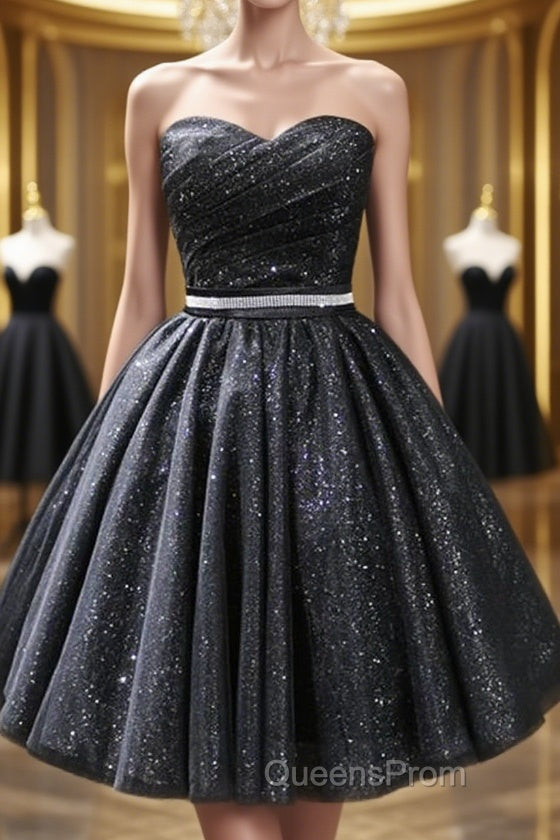 Sweetheart Neck Strapless Black Short Evening Prom Dress, Open Back Black Homecoming Dress, Black Formal Evening Dress Main image