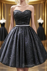 Sweetheart Neck Strapless Black Short Evening Prom Dress, Open Back Black Homecoming Dress, Black Formal Evening Dress