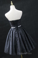 Sweetheart Neck Strapless Black Short Evening Prom Dress, Open Back Black Homecoming Dress, Black Formal Evening Dress
