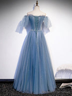 Sweetheart-Neck Tulle Flare Sleeves Beaded Sequin Prom Dresses Formal Evening Dresses